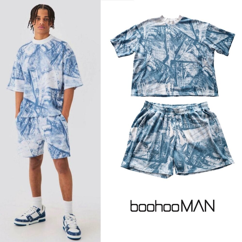 Oversized Boxy Denim Printed Waffle Tee Shirt & Shorts Set Track Suit Size XL